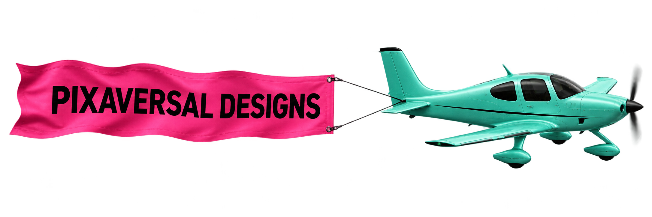 Matte mint-teal Pixaversal plane towing a hot-pink banner