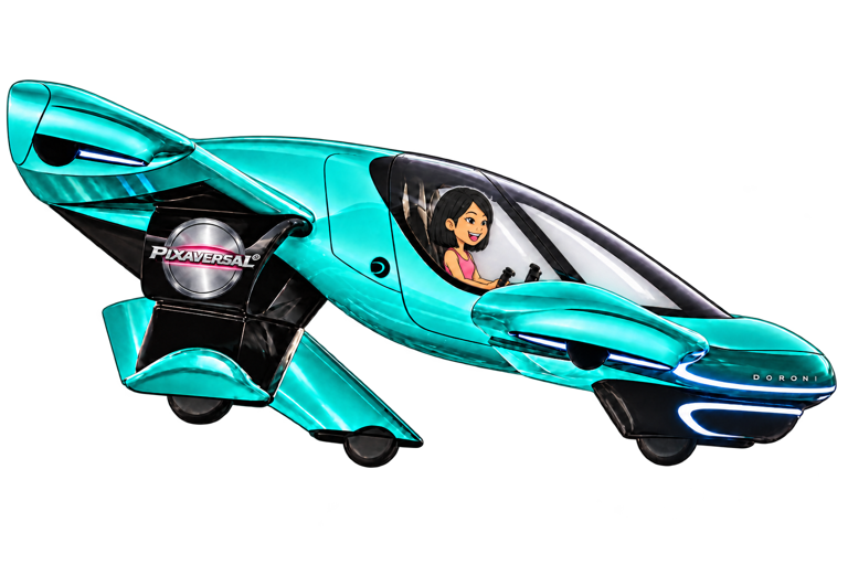 Pixaversal girl flying the mint teal aircraft